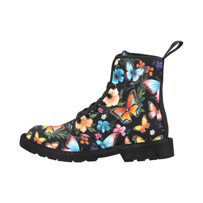 Floral Butterfly Women's Boots, Monarch Flowers Pattern Vegan Canvas Festival Party Lace Up Shoes Fashion Print Ankle Combat Casual Custom