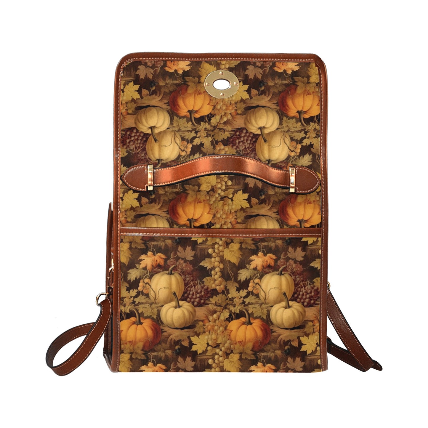 Autumn Fall Canvas Satchel bag, Vintage Pumpkins Grapes Waterproof Cottagecore Brown Cute Women Crossbody Purse Vegan Leather Strap Handbag Starcove Fashion