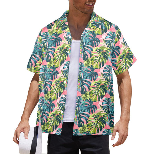 Pink Tropical Men Hawaiian shirt, Green Monstera Leaf Vintage Aloha Hawaii Retro Summer Tropical Beach Plus Size Pocket Guys Button Down