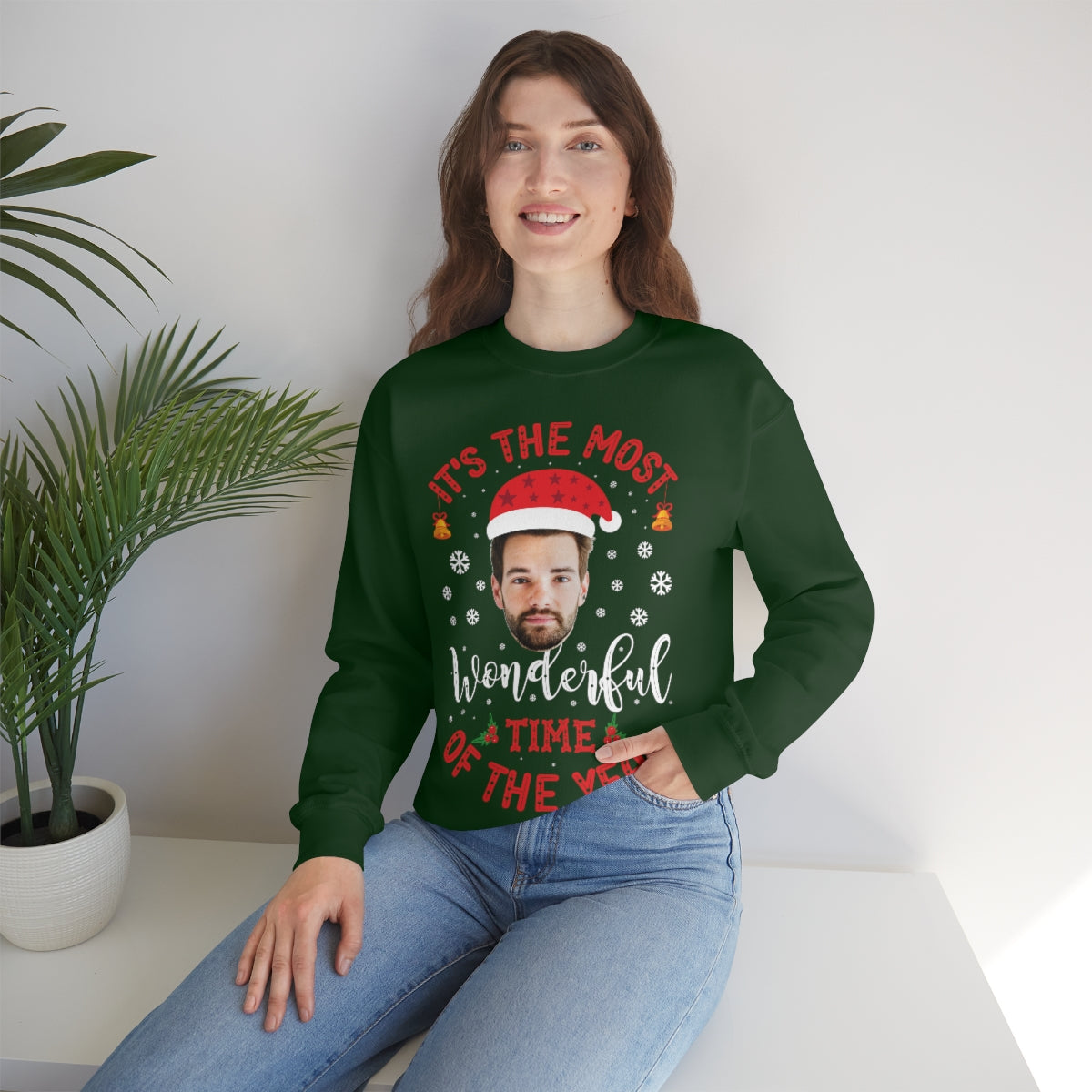 Custom Face Ugly Christmas Sweater, Photo Santa Hat Most Wonderful Time Xmas Women Men Funny Party Holiday Sweatshirt Starcove Fashion