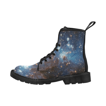 Galaxy boots Women's Vegan Canvas Lace Up Shoes, Blue Universe Space Constellation Festival Print Black Ankle Combat, Casual Custom Gift Starcove Fashion