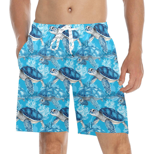 Sea Turtle Men Swim Trunks, Ocean Blue Print Mid Length Shorts Beach Pockets Mesh Linen Drawstring Male Casual Bathing Suit Summer Plus Size