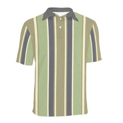 Green Vertical Striped Men Polo Shirt, 90s Vintage Stripe Short Sleeve Classic Collared Button Down Up Rugby Golf Polo Gift for Him