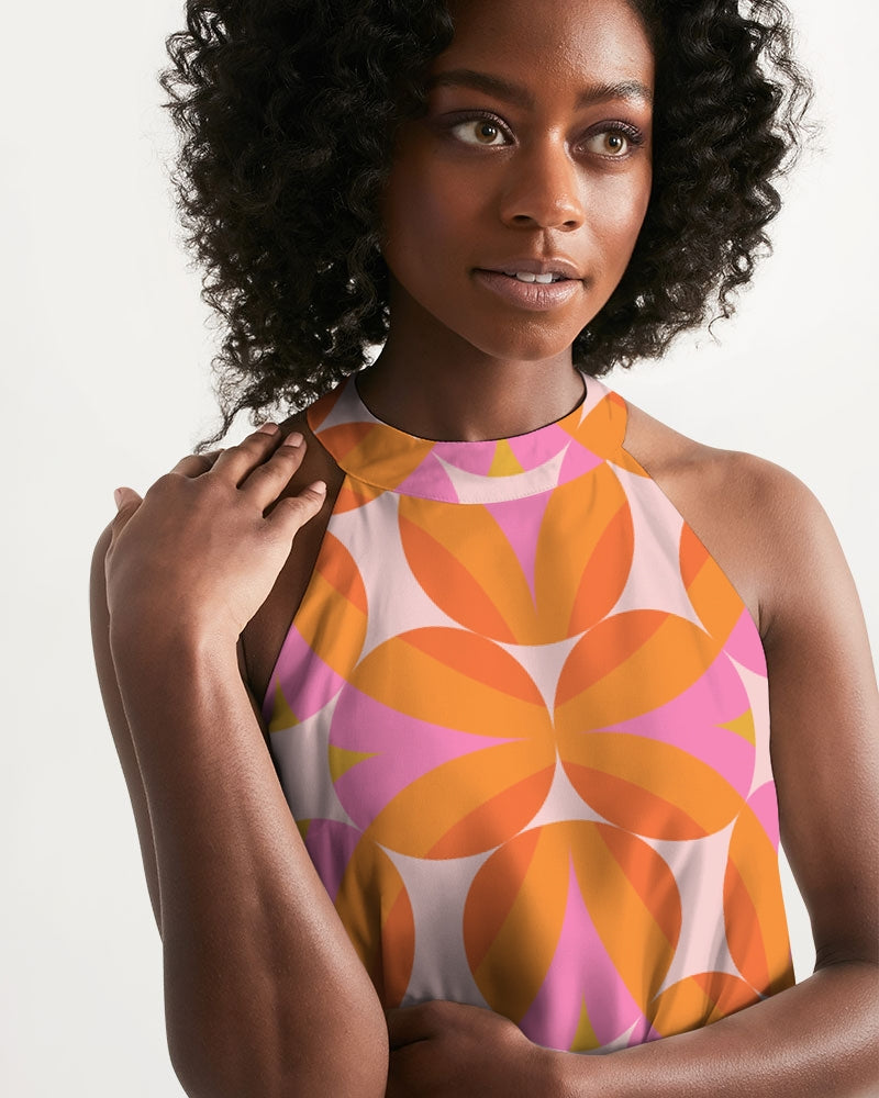 Orange Retro Women's Halter Cocktail Dress, Vintage Geometric Groovy 70s 60s 1970s Summer Sleeveless Mini Cute Handmade Designer Dress White base