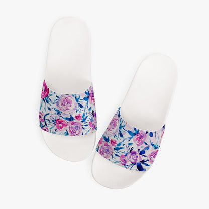 Pink Flowers Women Slide Sandals, Floral Shoe Girls Flat Wedge White Slides Vegan Casual Slippers Flip Flops Slip On