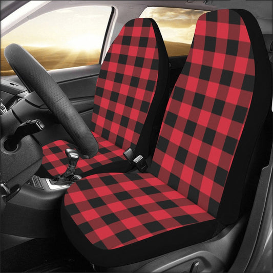 Red Buffalo Plaid Car Seat Covers 2 pc, Black Check Lumberjack Auto Automotive Vehicle Front Dog Truck Car SUV Chair Protector Accessory