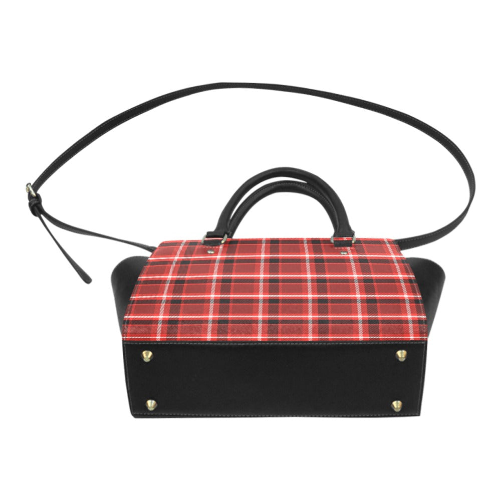 Red Plaid Shoulder Purse Handbag, Black Buffalo Check Checkered High Grade Vegan Leather Designer Women Satchel Top Handle Zip Bag Strap