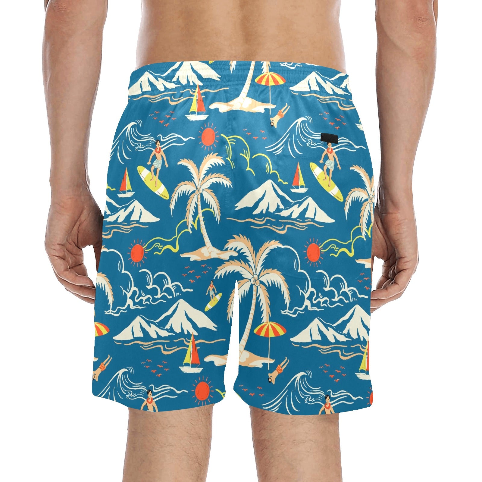 Tropical Island Men Mid Length Shorts, Beach Surf Mountain Swim Trunks Front and Back Pockets & Mesh Drawstring Boys Bathing Suit Summer Starcove Fashion
