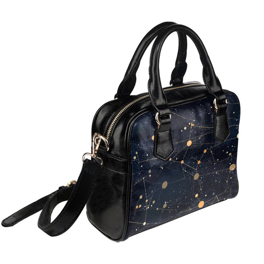 Constellation Purse, Space Galaxy Stars Black Gold Pattern Small Crossbody Shoulder Zip Bag Vegan Leather Women Designer Handbag Ladies
