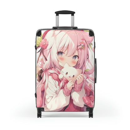 Pink Anime Suitcase Luggage, Girl Cat Kawaii Carry On 4 Wheels Cabin Travel Small Large Set Rolling Spinner Lock Designer Hard Shell Case
