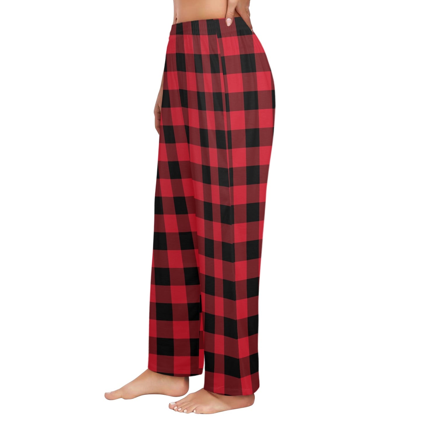 Red Buffalo Plaid Women Pajamas Pants, Black Check Christmas Xmas Satin PJ Funny Pockets Trousers Couples Matching Ladies Trousers Bottoms