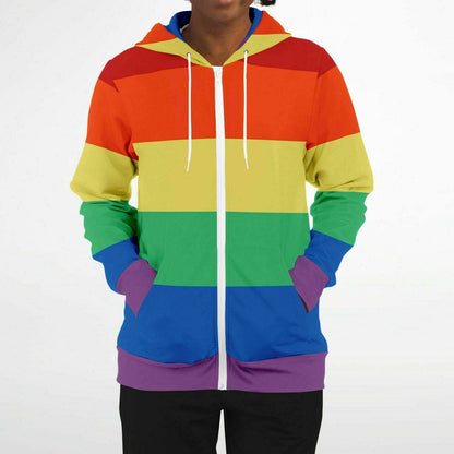 Rainbow Striped Zip Up Hoodie, Front Zipper Pocket Men Women Pride Unisex Adult Aesthetic Graphic Cotton Fleece Hooded Sweatshirt Starcove Fashion