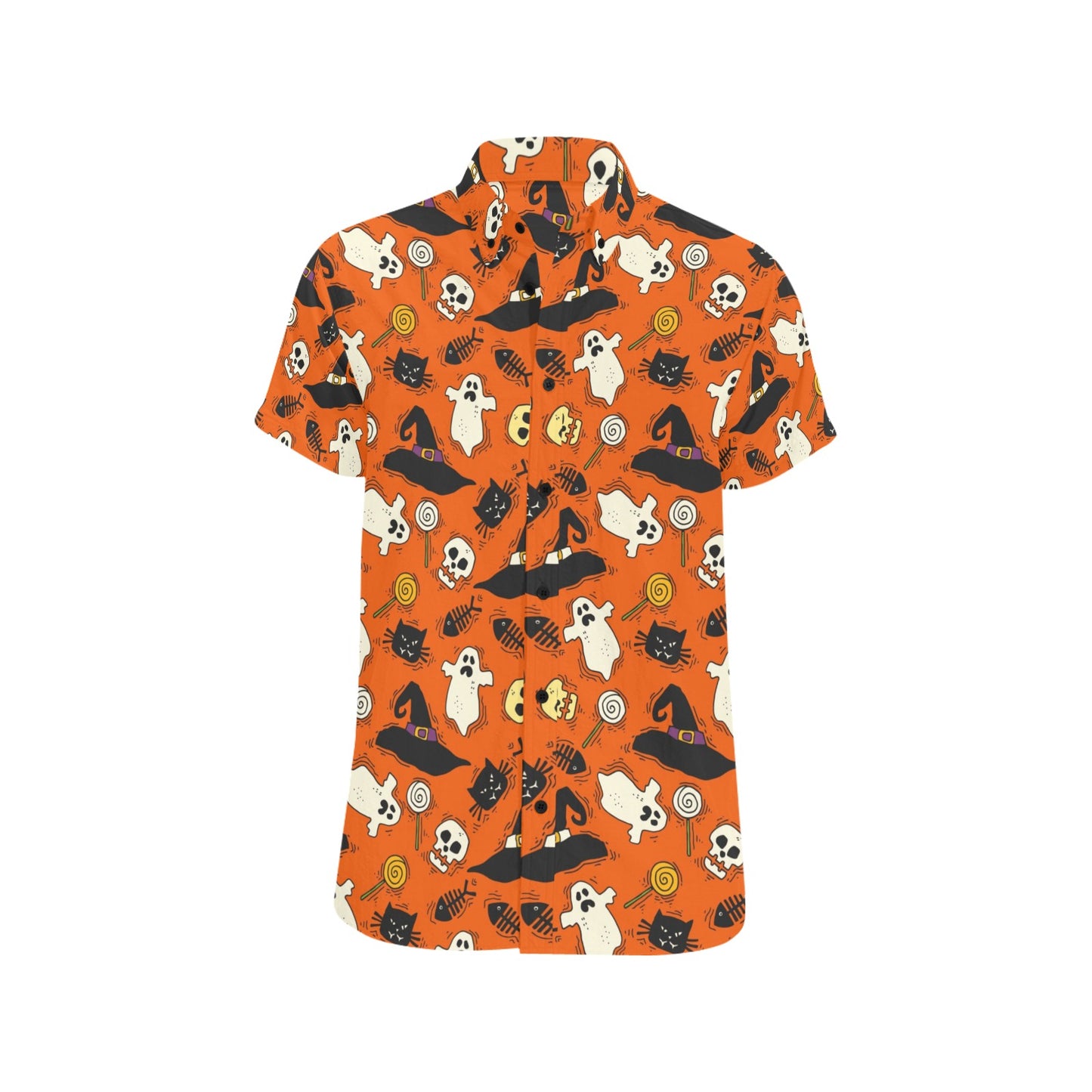 Halloween Short Sleeve Men Button Up Shirt, Spooky Orange Cats Ghosts Print Casual Buttoned Down Summer Dress Shirt Gift Husband