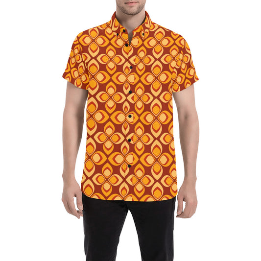Groovy Brown Short Sleeve Men Button Down Shirt, 70s Funky Orange Geometric Print Casual Buttoned Down Summer Dress Collared Shirt