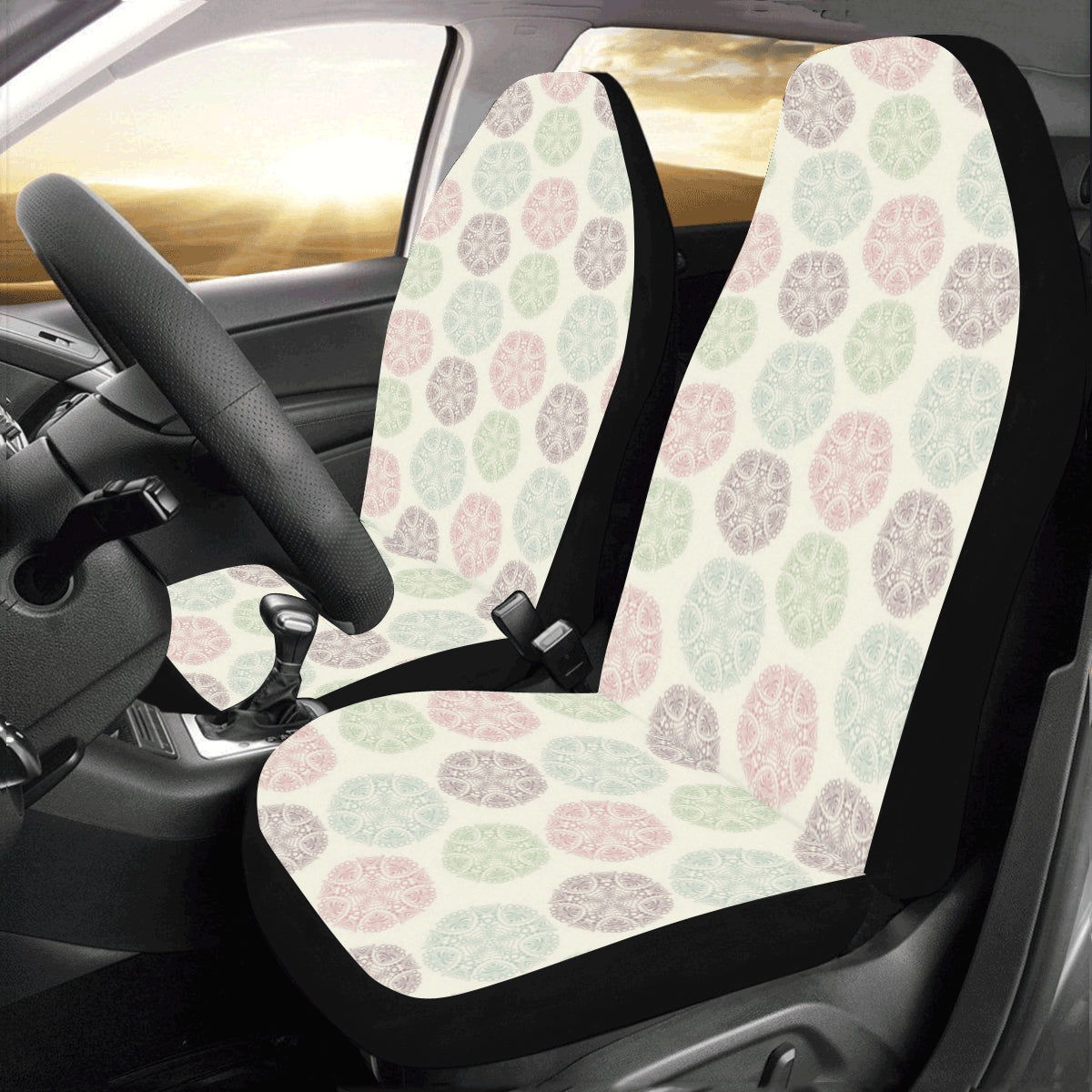 Mandala Cream Car Seat Covers 2 pc Floral Pastel Spiritual Front Seat Covers for Vehicle, Boho Car SUV Truck Protector Accessory Decoration Starcove Fashion