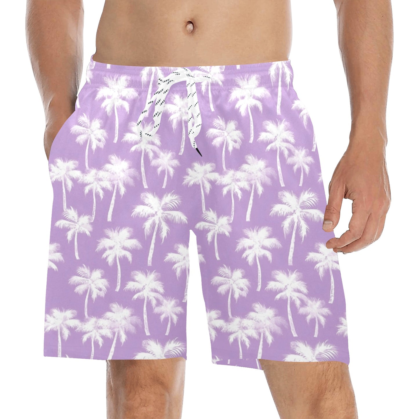 Lilac Palm Tree Men Mid Length Shorts, Lavender Purple Beach Swim Trunks Front Back Pockets Mesh Drawstring Boys Casual Bathing Suit Summer