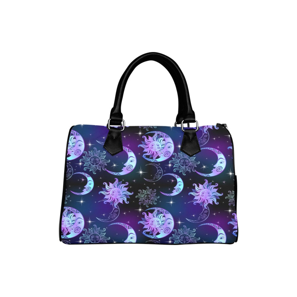 Sun Moon Print Purse Handbag, Purple Galaxy Space Planets Boho Canvas Leather Barrel Type Designer Zipper Closing Accessory Women Bag Starcove Fashion