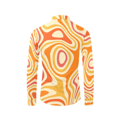 Retro 70s Long Sleeve Men Button Up Shirt, Groovy Funky Orange Yellow Psychedelic Print Dress Buttoned Collar Dress Shirt with Chest Pocket Starcove Fashion