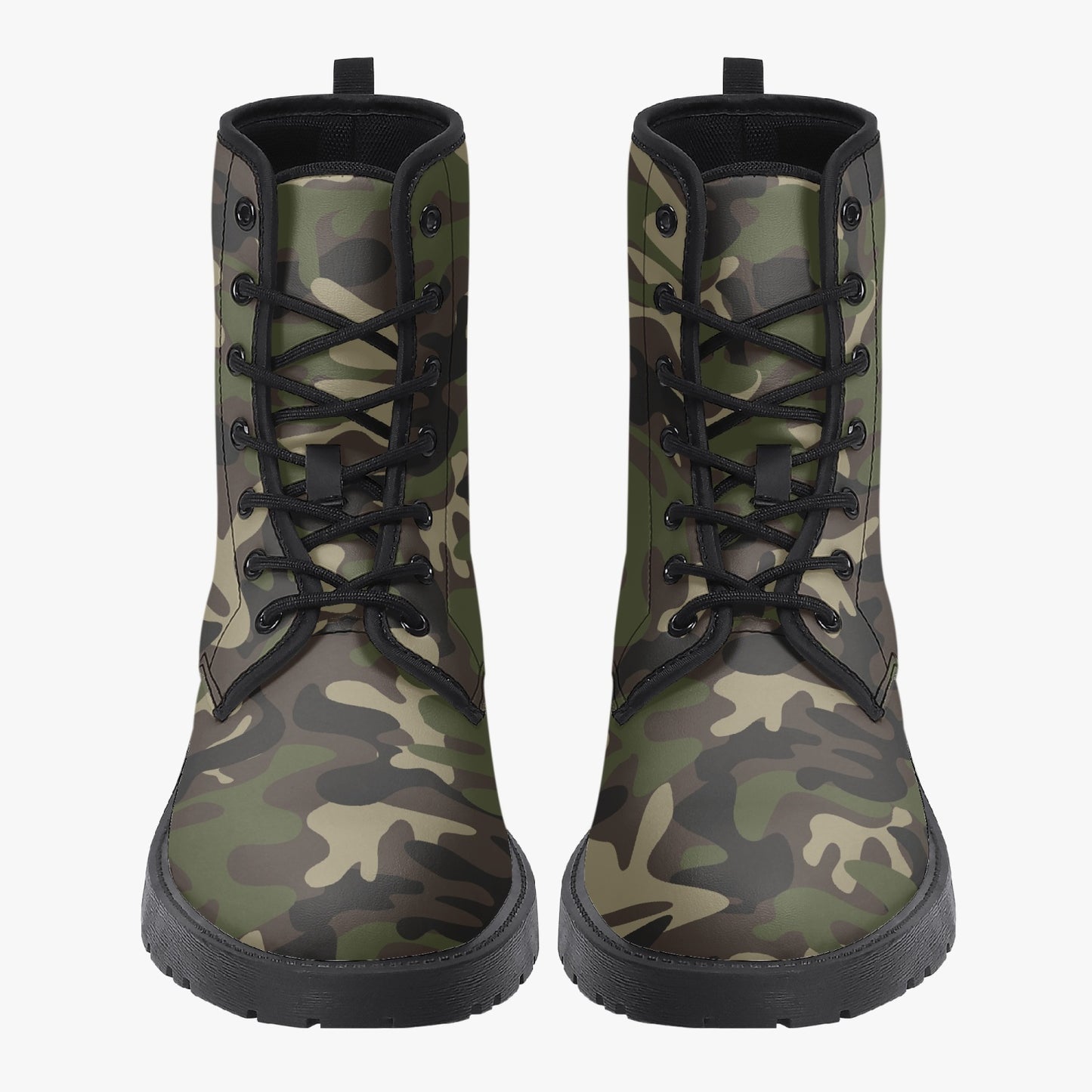 Camouflage Women Vegan Leather Combat Boots, Green Army Camo Lace Up Shoes Hiking Festival Black Ankle Work Winter Casual Custom Starcove Fashion