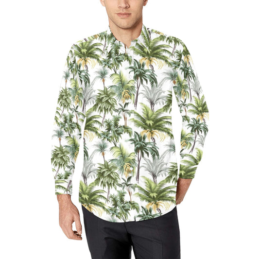Palm Trees Leaves Long Sleeve Men Button Up Shirt, Green Tropical Summer Print Dress Buttoned Collar Casual Dress Shirt with Chest Pocket