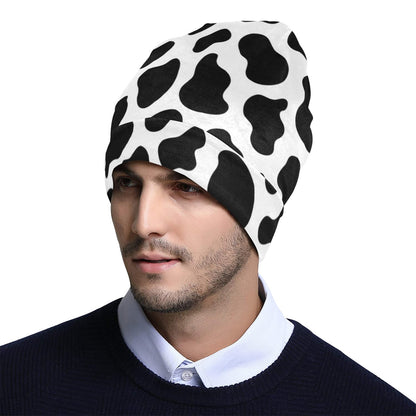 Cow Print Beanie, Black White Animal Soft Fleece Party Men Women Ladies Cute Stretchy Winter Adult Aesthetic Designer Cap Hat Gift