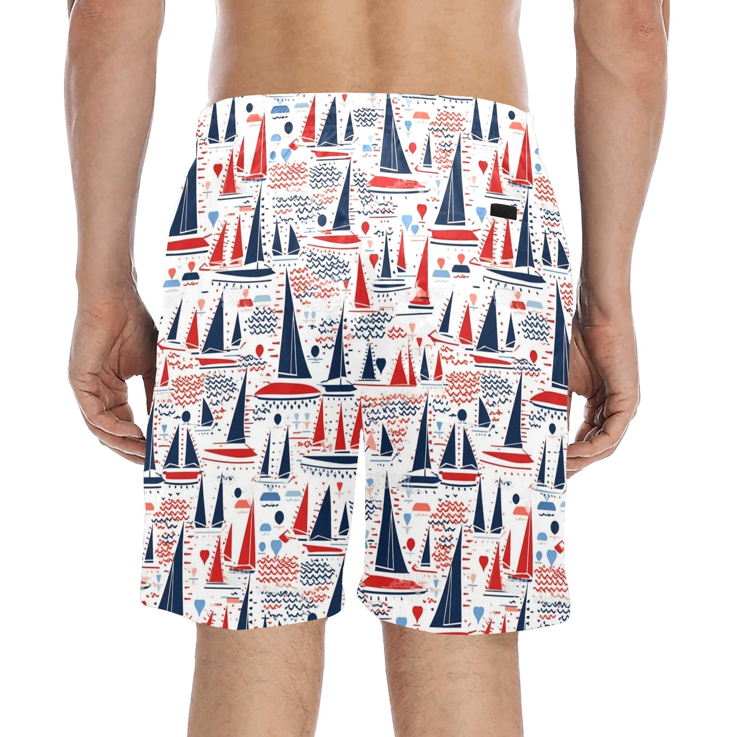 Sail Boats Men Swim Trunks, Red White Blue American Flag Nautical Shorts USA Patriotic Pockets Mesh Drawstring 4th of July Bathing Suit Guys