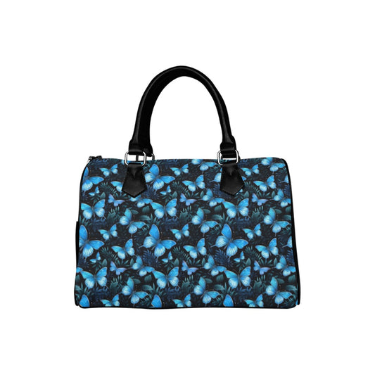 Morpho Blue Butterfly Print Handbag Purse, Cute Animal Art Top Zipper Canvas Leather Top Handle Barrel Type Women Designer Ladies Bag