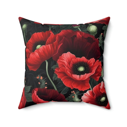 Poppy Filled Pillow with Insert, Red Poppies Floral Flowers Square Throw Accent Decorative Room Decor Floor Sofa Couch Cushion