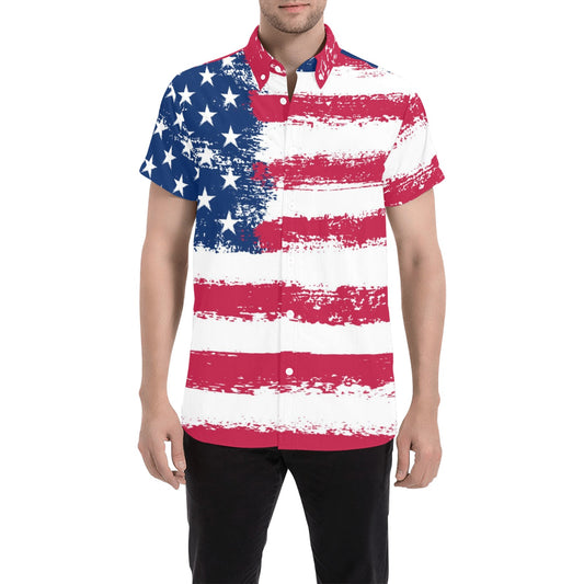 American Flag Button Down Shirt Men, Patriotic 4th of July Red Blue White USA Short Sleeve Button Up Casual Buttoned Down Plus Size Dress