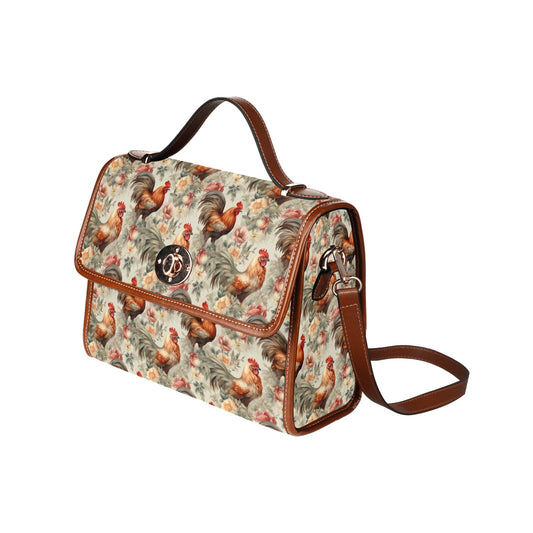 Chicken Flowers Canvas Satchel bag, Vintage Farm Animals Waterproof Cottagecore Brown Cute Women Crossbody Purse Vegan Leather Strap Handbag - Starcove Fashion