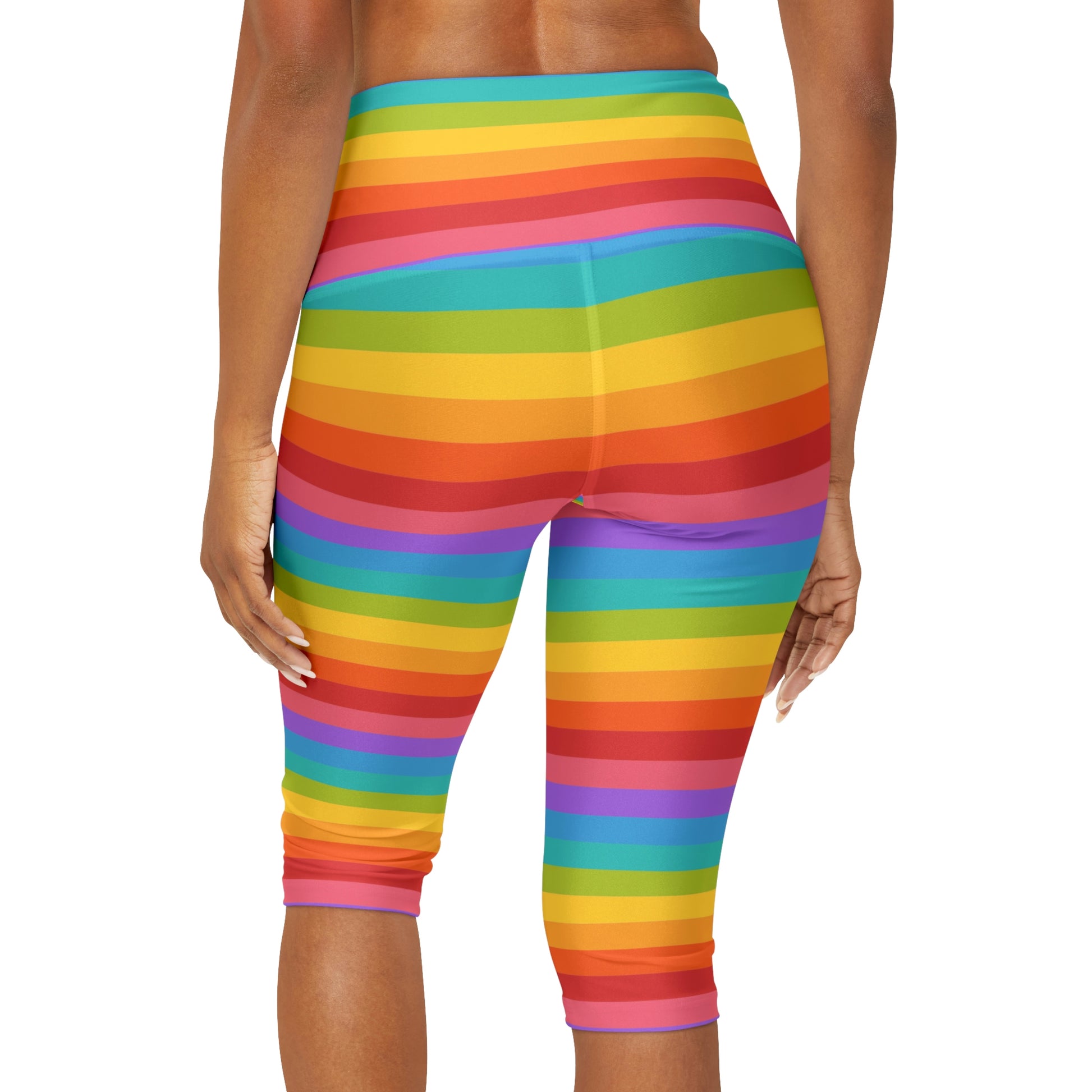 Rainbow Striped Capri Leggings Women, Knee Length Cropped Yoga Pants Printed High Waist Workout Gym Fun Designer Tights Pockets Starcove Fashion
