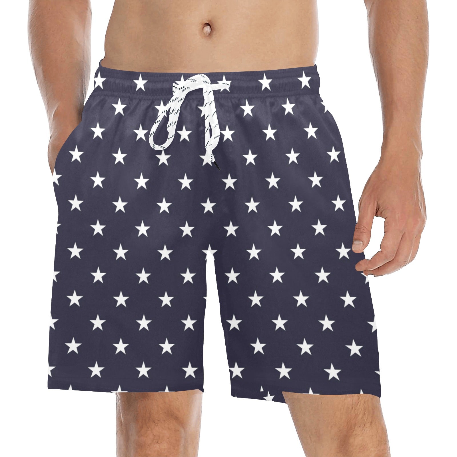 American Flag Stars Men Mid Length Shorts, USA Beach Swim Trunks Front and Back Pockets & Mesh Drawstring Boys Casual Bathing Suit Summer Starcove Fashion