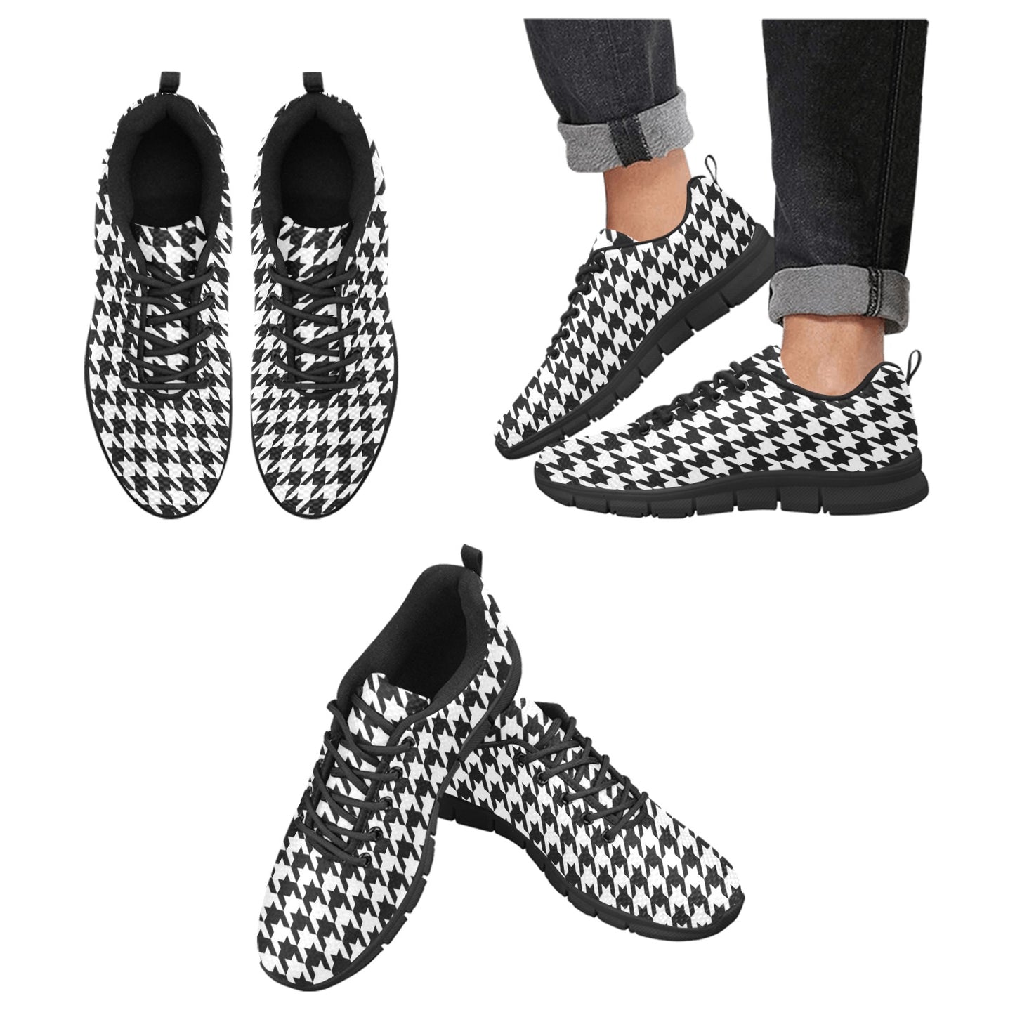 Houndstooth Women Sneakers Shoes, Black White Print Custom Cute Ladies Breathable Running Fashion Vegan Mesh Canvas Athletic Sports