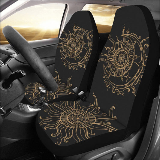 Sun Moon Stars Car Seat Covers (2 pc), Retro Boho Bohemian Spiritual Front for Vehicle, Car SUV Truck Seat Protector Accessory Decoration