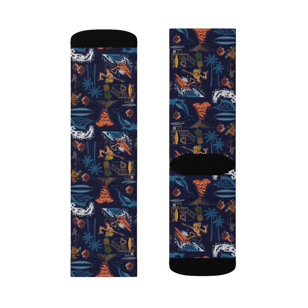Hawaii Surfing Socks, Palm Trees Blue 3D Sublimation Socks Women Men Funny Fun Novelty Cool Funky Crazy Casual Cute Crew Unique Gift Starcove Fashion