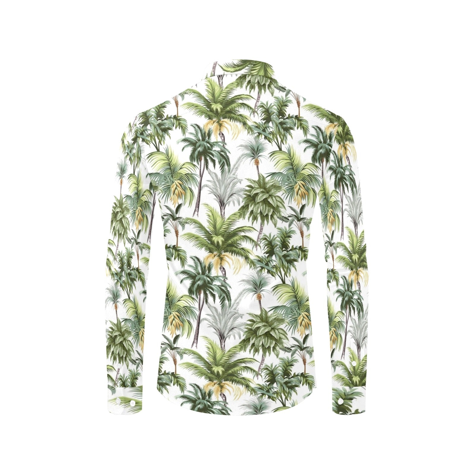 Palm Trees Leaves Long Sleeve Men Button Up Shirt, Green Tropical Summer Print Dress Buttoned Collar Casual Dress Shirt with Chest Pocket Starcove Fashion