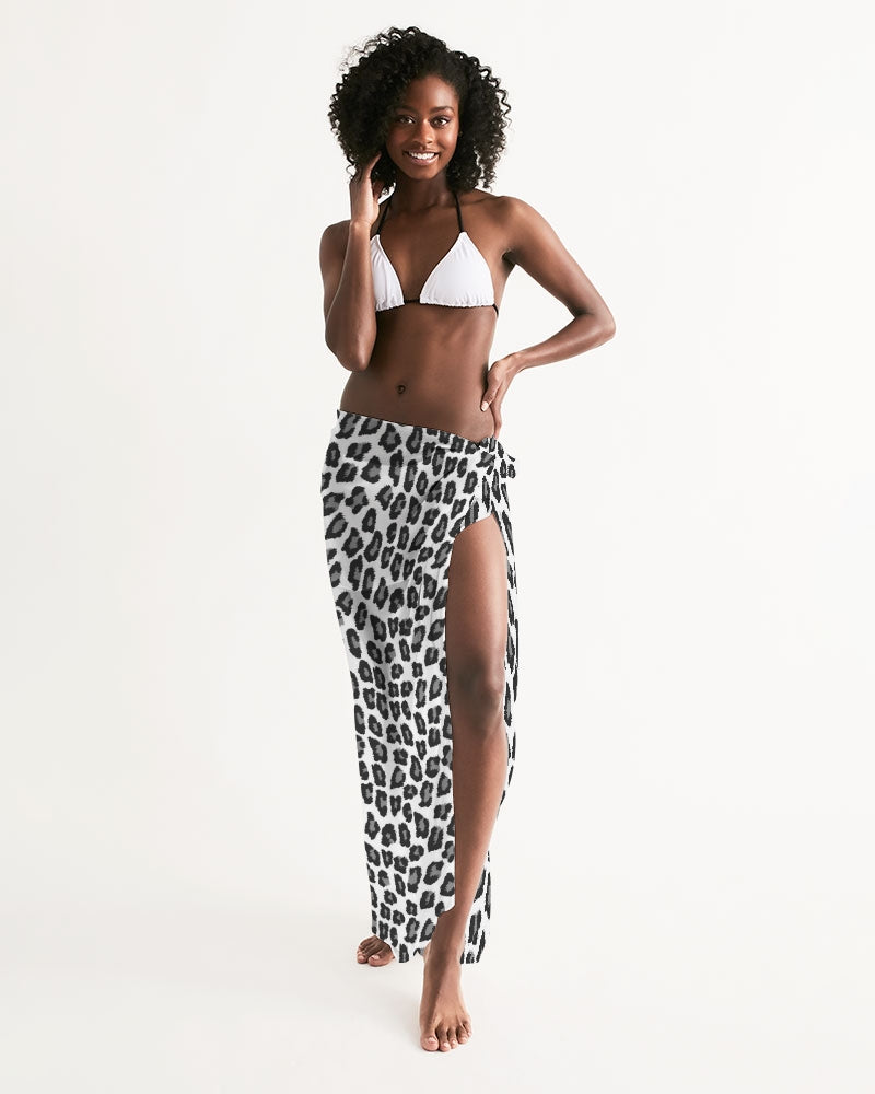 Snow Leopard Print Swim Cover Up Women, Black White Wrap Front Sarong Bikini Bathing Suit Beach Sexy Long Flowy Skirt Coverup Starcove Fashion