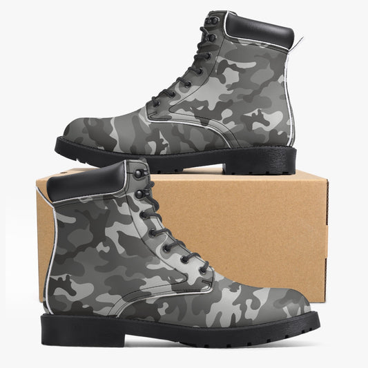 Gray Camo Leather Hiking Boots, Camouflage Grey Lace Up Shoes Women Men Festival Black Ankle Work Winter Casual Custom Starcove Fashion