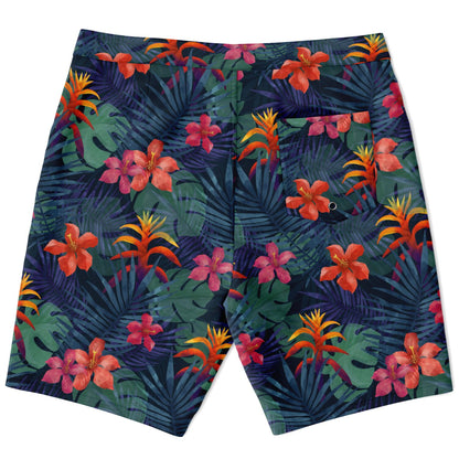 Tropical Men Board Shorts, Jungle Flowers Green Mid Length Blue Beach Surf Swim with Pockets & Mesh Drawstring Casual Bathing Suit Starcove Fashion