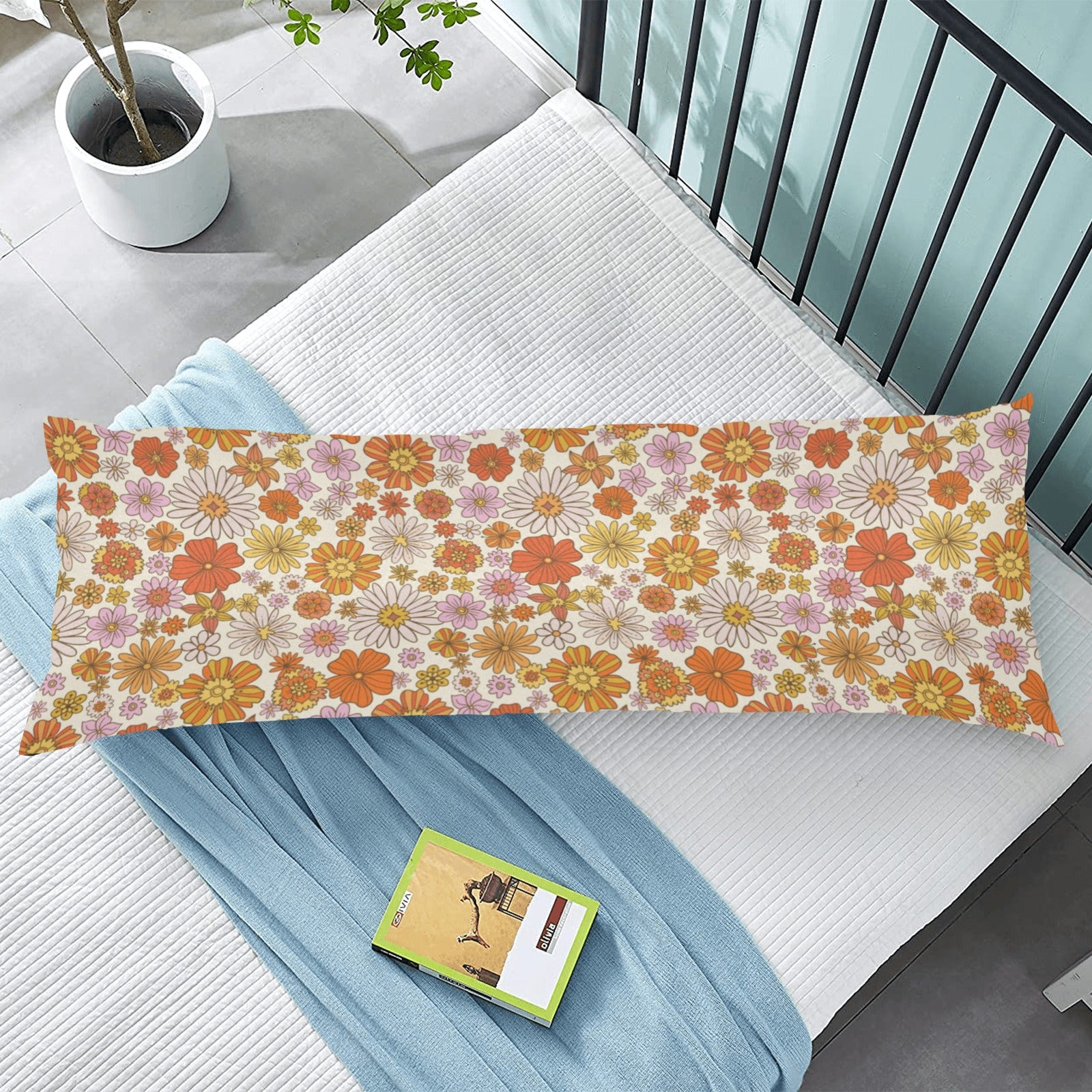 Groovy flowers Body Pillow Case, Boho Retro 70s Floral Funky Orange Long Large Bed Accent Print Throw Decor Decorative Cover 20x54 Starcove Fashion