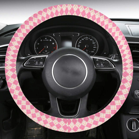 Pink Steering Wheel Cover, Cute Argyle Check Decor Women Print Car Auto SUV Vehicle Wrap Protector Accessories with Anti-Slip Insert