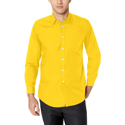 Yellow Long Sleeve Men Button Up Shirt, Plain Solid Color Summer Print Buttoned Collar Dress Shirt with Chest Pocket