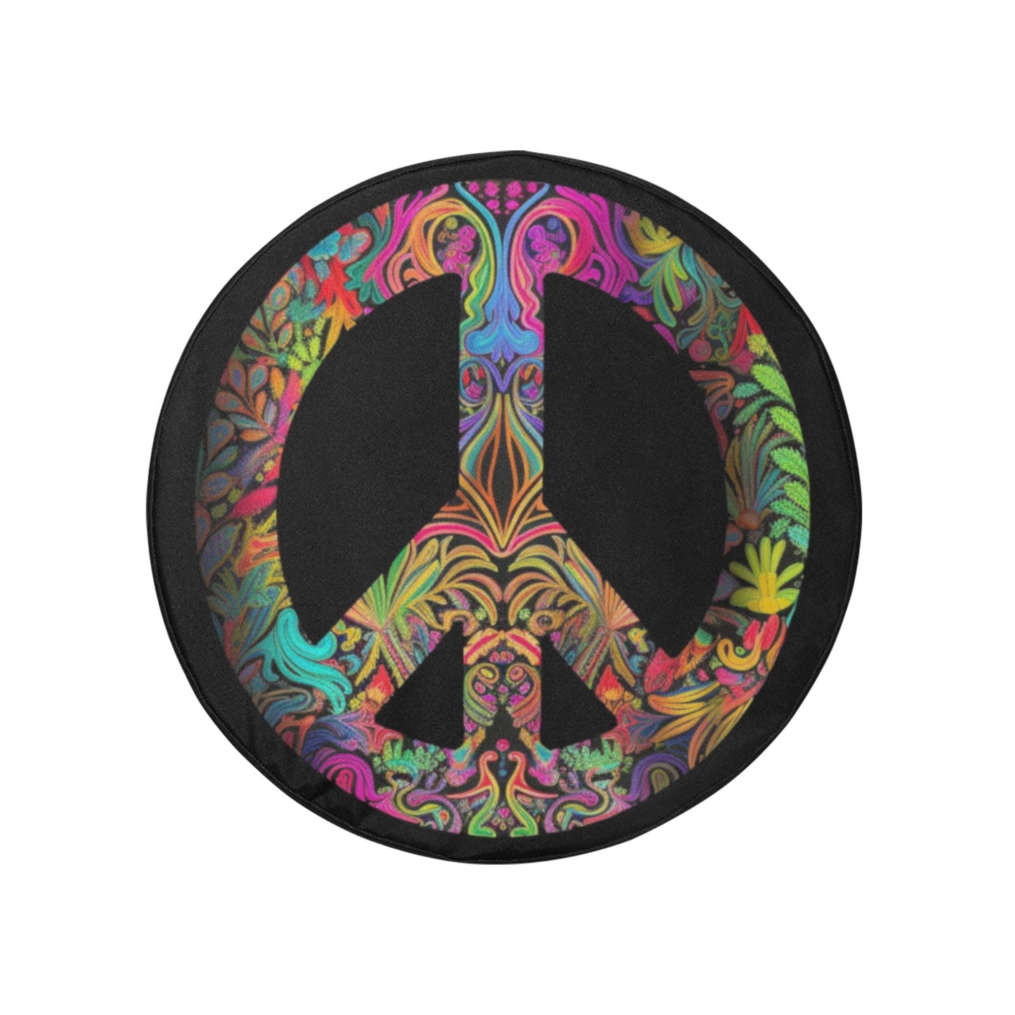 Peace Sign Spare Tire Cover, Psychedelic Trippy 70s Hippie Black Wheel Auto Back Up Camera Hole Unique Design Women Back RV Trailer