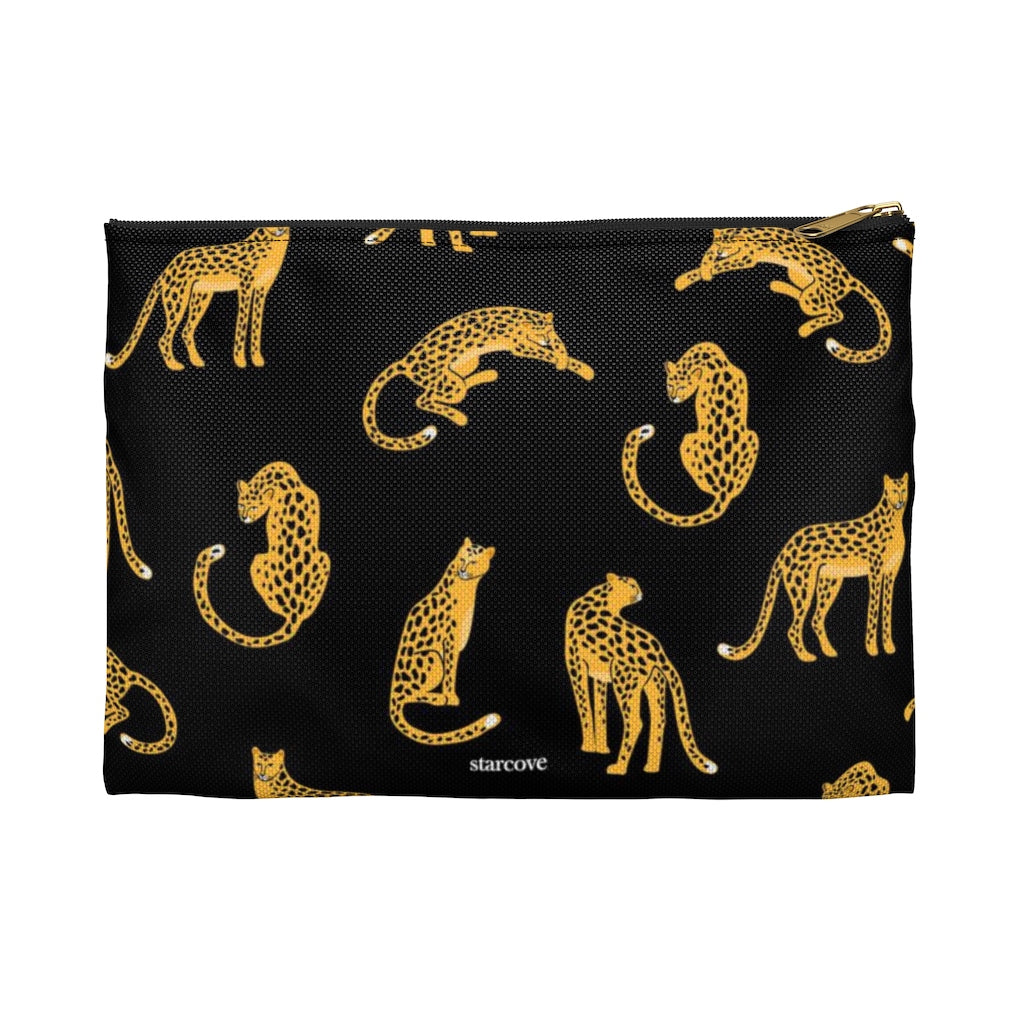 Leopard Print Zipper Pouch, Black Gold Animal Jaguar Tiger Cute Makeup Bags Fun Cosmetic Organizer Gifts her Women Coin Accessory Purse Starcove Fashion