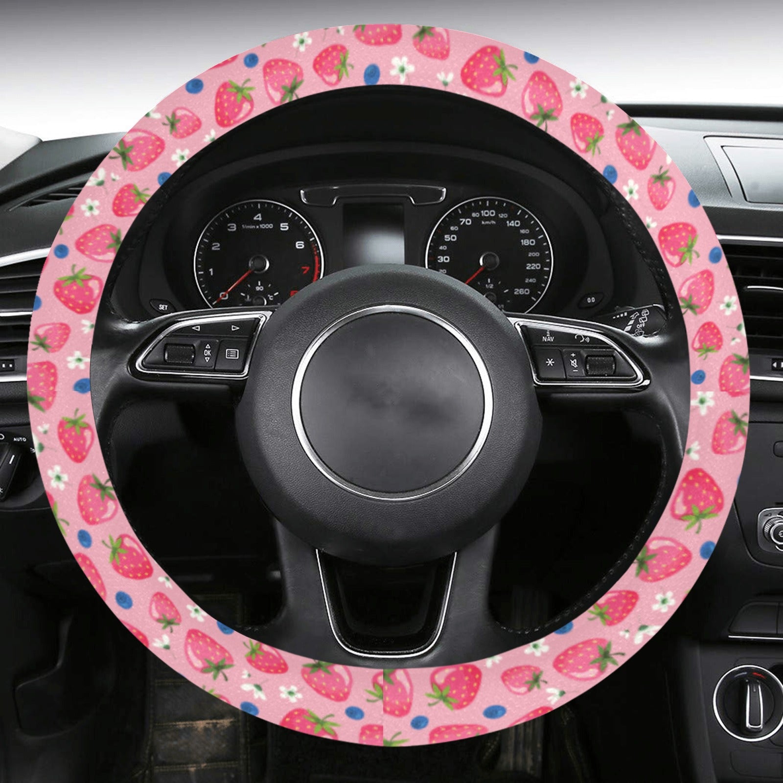 Strawberry Steering Wheel Cover with Anti-Slip Insert, Pink Red Fruit Floral Flowers Kawaii Women Print Car Auto Wrap Protector Accessories Starcove Fashion