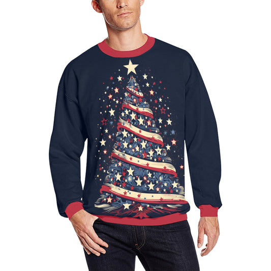 American Christmas Tree Ugly Sweater, Flag Red White Blue Xmas Print Women Men Retro Vintage Party Winter Holiday Plus Size Sweatshirt