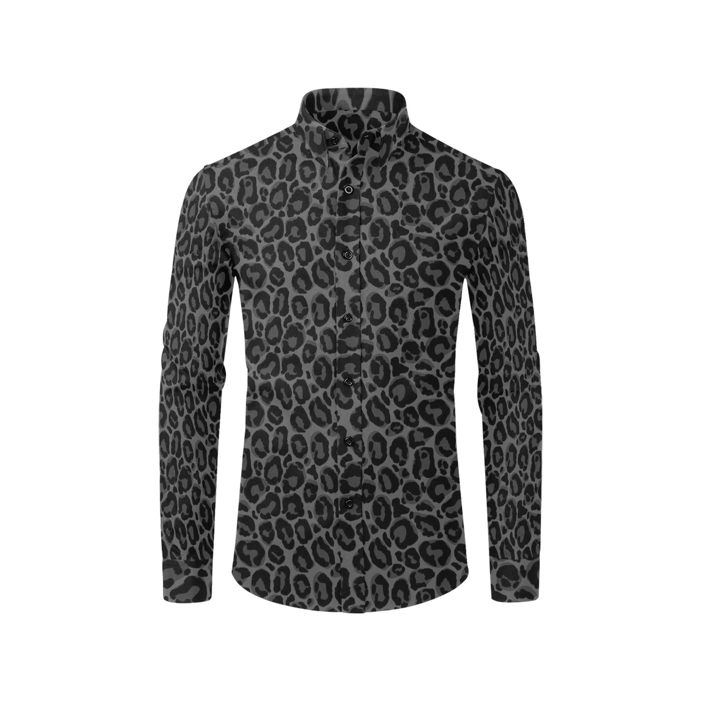 Black Leopard Men Button Up Shirt, Long Sleeve cheetah Animals Print Grey Buttoned Collar Dress Shirt with Chest Pocket