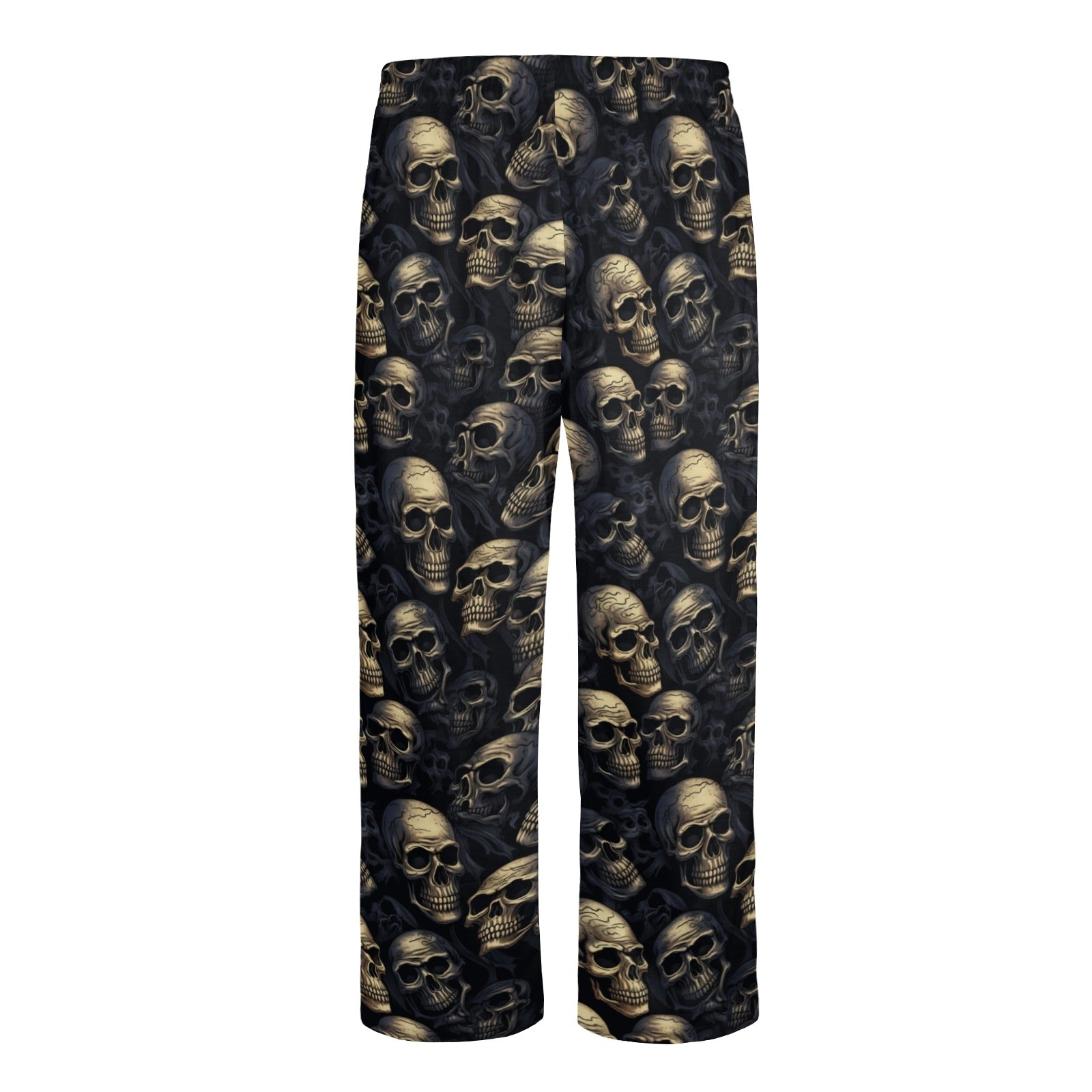 Skull Halloween Men Pajamas Pants, Black Skeleton Spooky Horror Gothic Satin PJ Pockets Sleep Lounge Trousers Couples Matching Bottoms Starcove Fashion