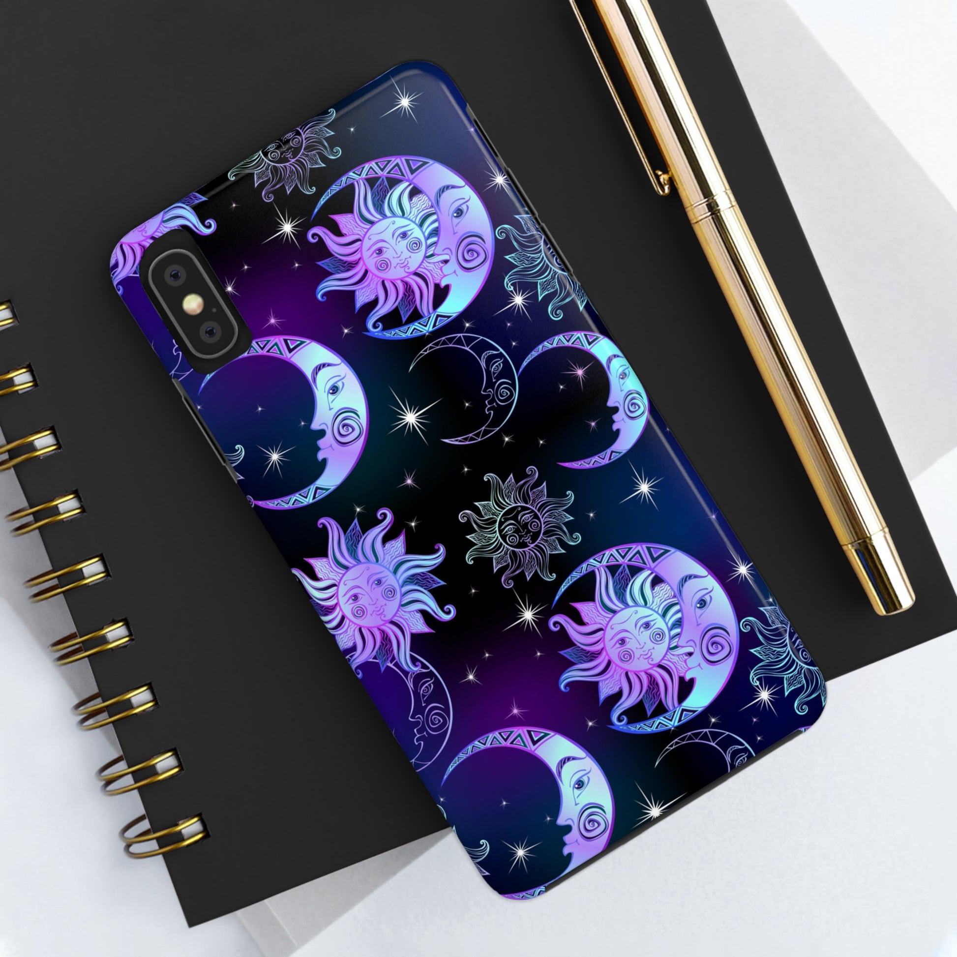Sun Moon Stars Tough Phone Case, Celestial Purple iPhone 14 13 Pro Max 12 11 X XR XS SE 7 8 Plus Cell Cover Cool Aesthetic Starcove Fashion