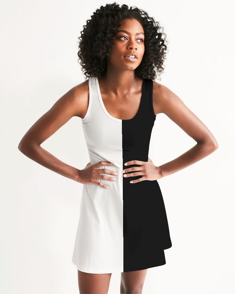 Half Black and White Women Halter Dress, Two Color Block Split 2 Tone Combo Summer Sleeveless Cocktail Mini Handmade Designer White base Color / XL Half Black and White Women Halter Dress, Two Color Block Split 2 Tone Combo Summer Sleeveless Cocktail Mini Handmade Designer White base Color / XL